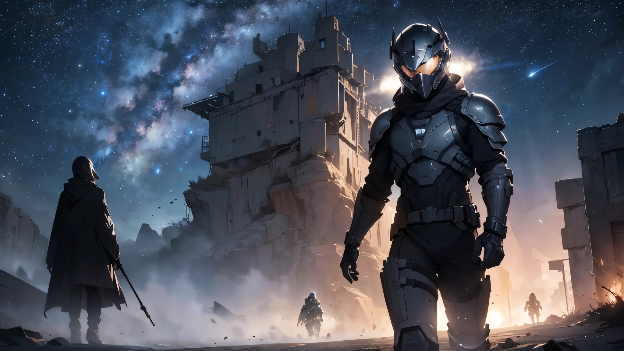 a cinematic night and dark scene in a desert mountains of arafed walking man in a 
full light grey color armor suit covered in dust with a gun and a helmet 
and a black rag cloak and a protecting googles, stars and milky way,
inspired by Marcin Rubinkowski, artstation, digital art,
8K, hyperdetailed, extremely detailed and intricate