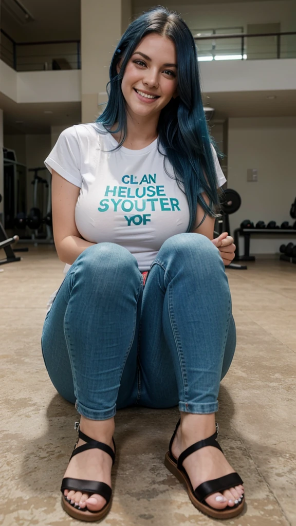 angry obese blue haired naked ugly woman holding sign with text "STOP STARING CREEP!", cinematic photo, crowded gym