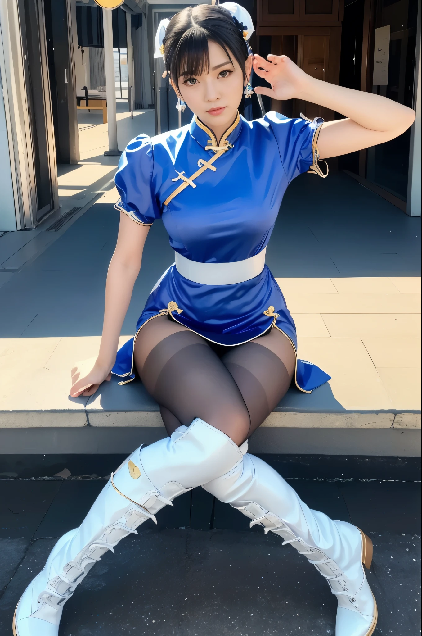 There was a woman wearing a blue dress and white boots., Chunli, Chunli, Chunli, Inspired by Ren Mei, portrait of Chunli, kitana from mortal kombat, in a blue qipao, photograph, portrait of Chunli, anime girl , The King of Fighters characters, Wearing Blue Cheongsam