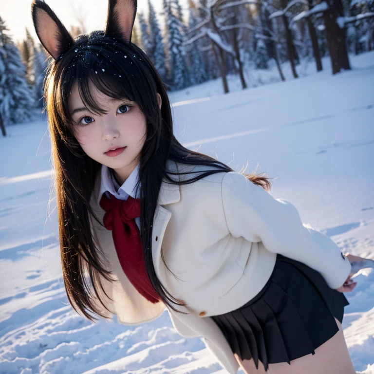 Snowy forest, Black hair, Cat ears, Cat girl, Red eyes, Kneeling, a sailor suit