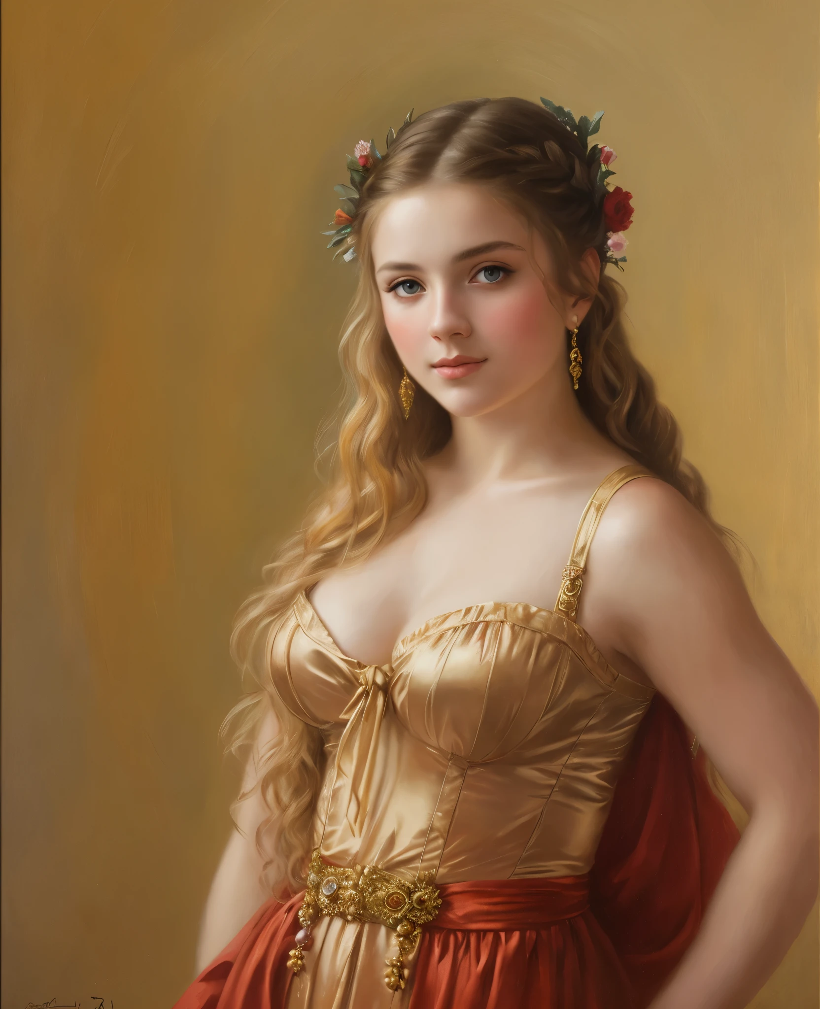 portrait, girl, middle ages, classicism, andrey atroshenko style, pierced eyes, painting, beautifully styled hair, traditional media, realistic, figurative, fine art, oil on canvas, HDR, 8K, original character, high resolution, high detail, focus on the face