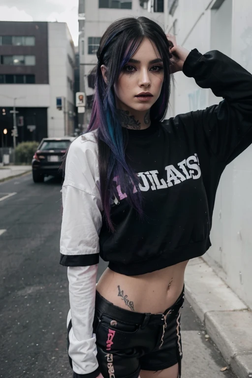 (best quality,4k,8k,highres,masterpiece:1.2),ultra-detailed,(realistic,photorealistic,photo-realistic:1.37),emo girl,dyed hair,unique hairstyle,pierced nose,tattoos,vibrant makeup,bold eyeshadow,among the crowd,long eyelashes,pale skin,bright colored hair,long nails,laced fingerless gloves,chunky black platform boots,edgy clothing,standing against a graffiti-covered wall,urban setting,neon lights,nighttime atmosphere,alternative style,expressive eyes,pouting lips,cigarette in hand,hazy smoke in the air,subtle sadness in her gaze,confident and mysterious,unconventional beauty,subculture,vibrant and dark color palette,moody lighting,emotional aura,alternative fashion.