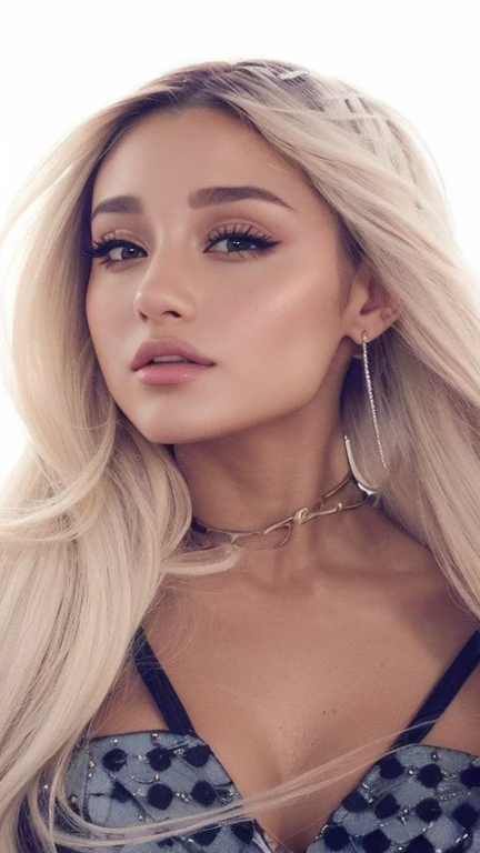 um close up de uma mulher com longos cabelos loiros e uma camisa branca, Retrato de Ariana Grande, Ariana Grande, Ariana Grande Fotografia, Ariana Grande em Star Wars, ariana grande as a mermaid, o cabelo dela branco, ariana grande no gta v, pintura de retrato de ariana grande, Pintura de Ariana Grande, card b, ariana grande como sith