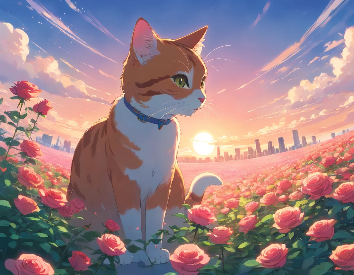 Round cat, Like a sphere, Holding a rose, Color Field painting