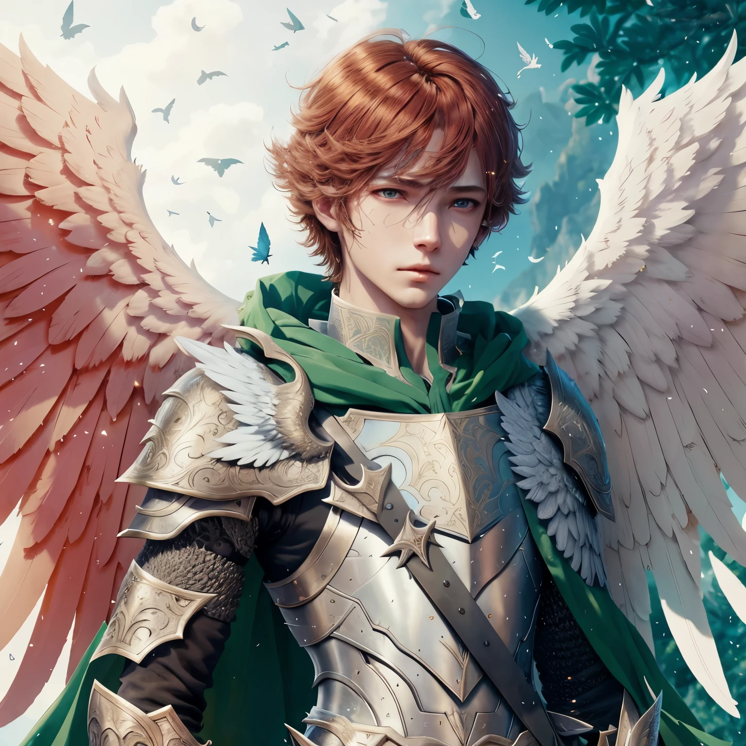 winged prince boy, handsome guy in demon slayer art, young pale redhead european angel, Armor angle with wing, fanart requintada altamente detalhada, alado archer, arte detalhada de personagem jovem europeu, anjo baixo, Arcanjo, principado angelical, beleza majestosa, Papel de parede 4k, European winged on sunny sky background, fundo em montanha com nascer do sol