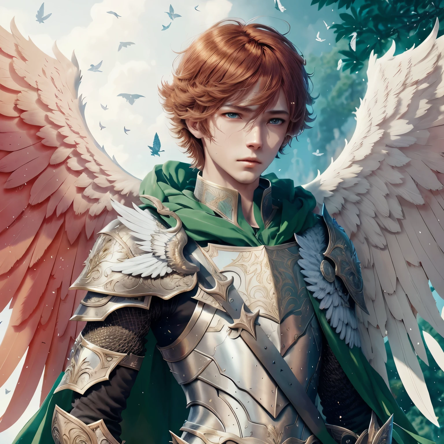 winged prince boy, handsome guy in demon slayer art, young pale redhead european angel, Armor angle with wing, fanart requintada altamente detalhada, alado archer, arte detalhada de personagem jovem europeu, anjo baixo, Arcanjo, principado angelical, beleza majestosa, Papel de parede 4k, European winged on sunny sky background, fundo em montanha com nascer do sol