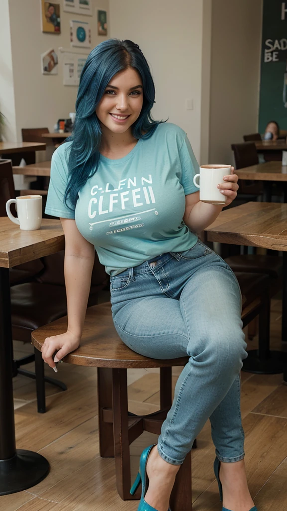Model, blue hair, thick hair, clean face, green eyes, big boobs, wearing t shirt and jeans , heels in feet, laughing, sitting in a cafe with coffee mug in hand
