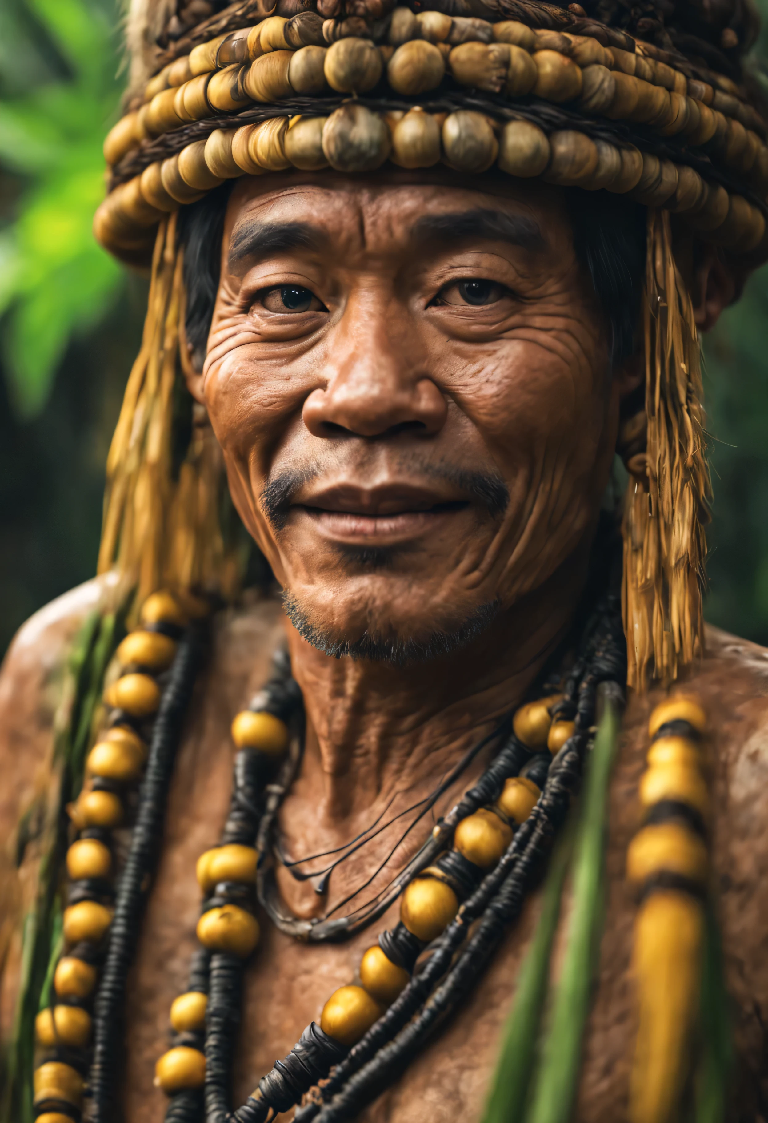 close up photo realistic iban borneo malaysia man UHD,8k,dynamic lighting,hyper fidelity,surrealisme.