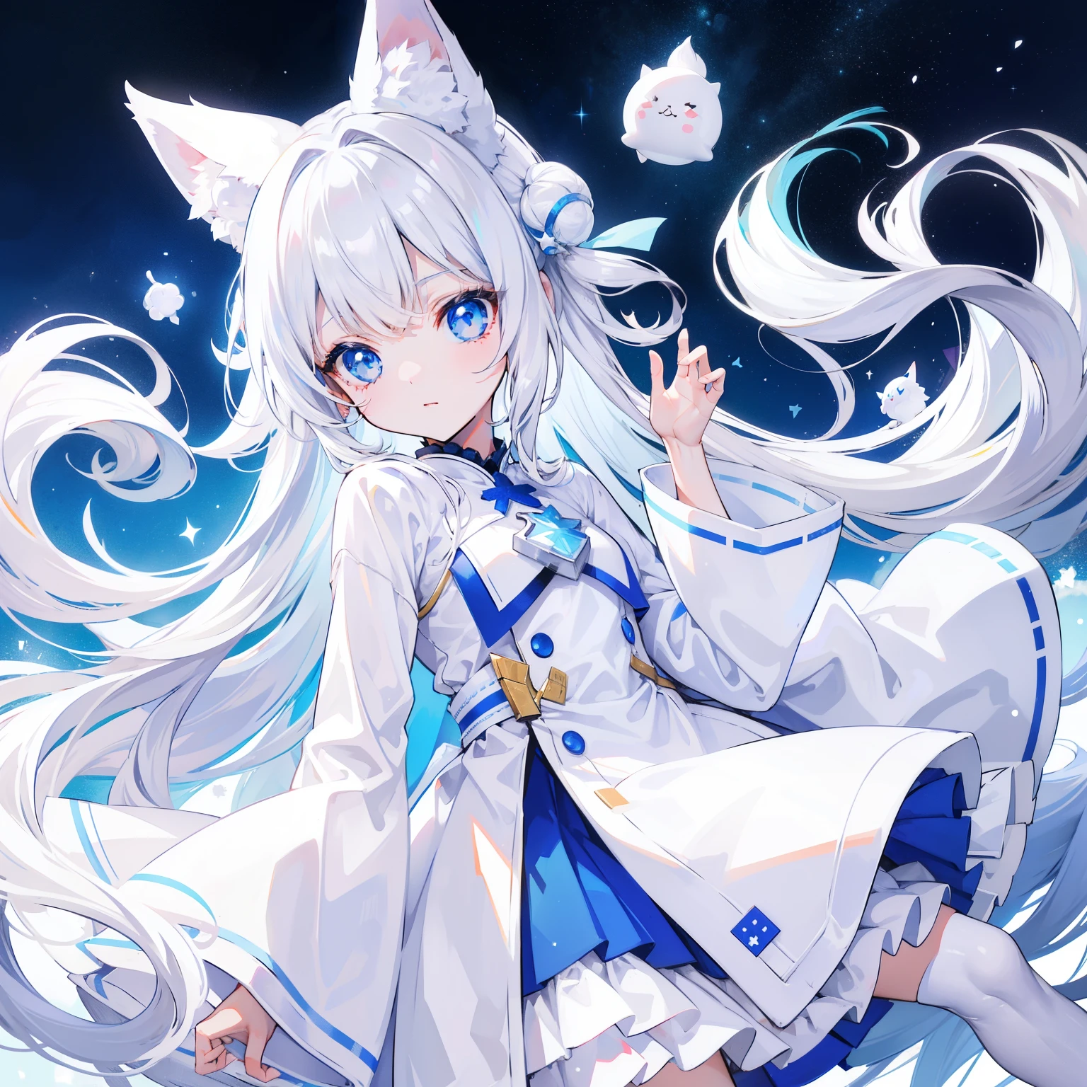 milky long hair milk,white clothes,Fufu、That's a very cute face,This is a cute sweet girl,blue eyes,Silver-white hair,star,fox