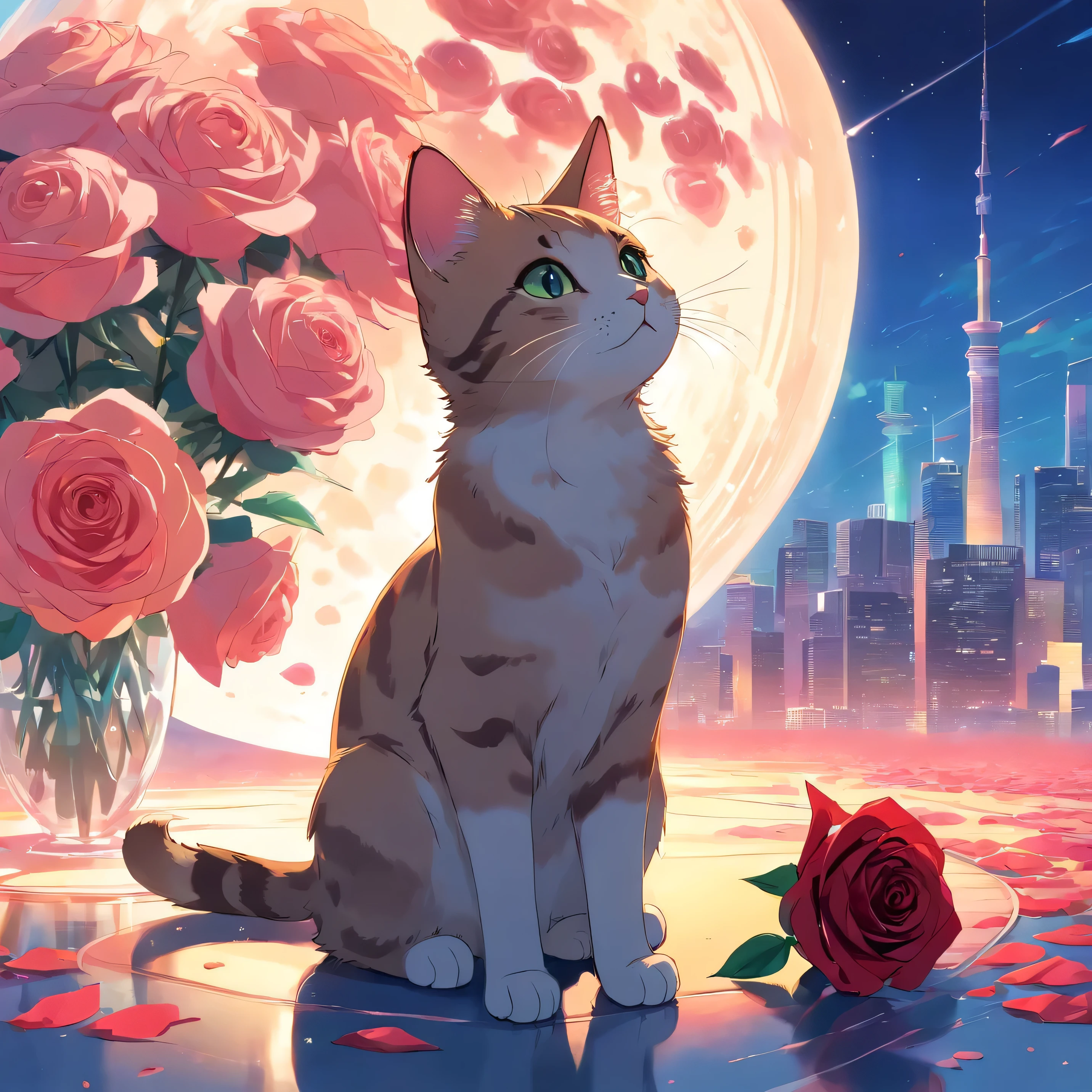 Round cat, Like a sphere, Holding a rose, Color Field painting