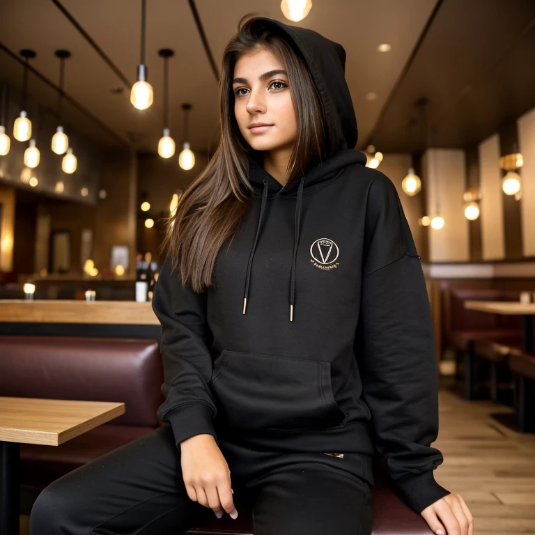 Girl. Jeune. 18 ans. Very light brown hair. Dark eyeliner with long lashes. Maquilalge. Selfless head. Wears a black hoodie. Assise dans un restaurant. Ne se tient pas correctement, avachi. Un peu grosse mais visage fin. Porte pantalon. Cheveux clair