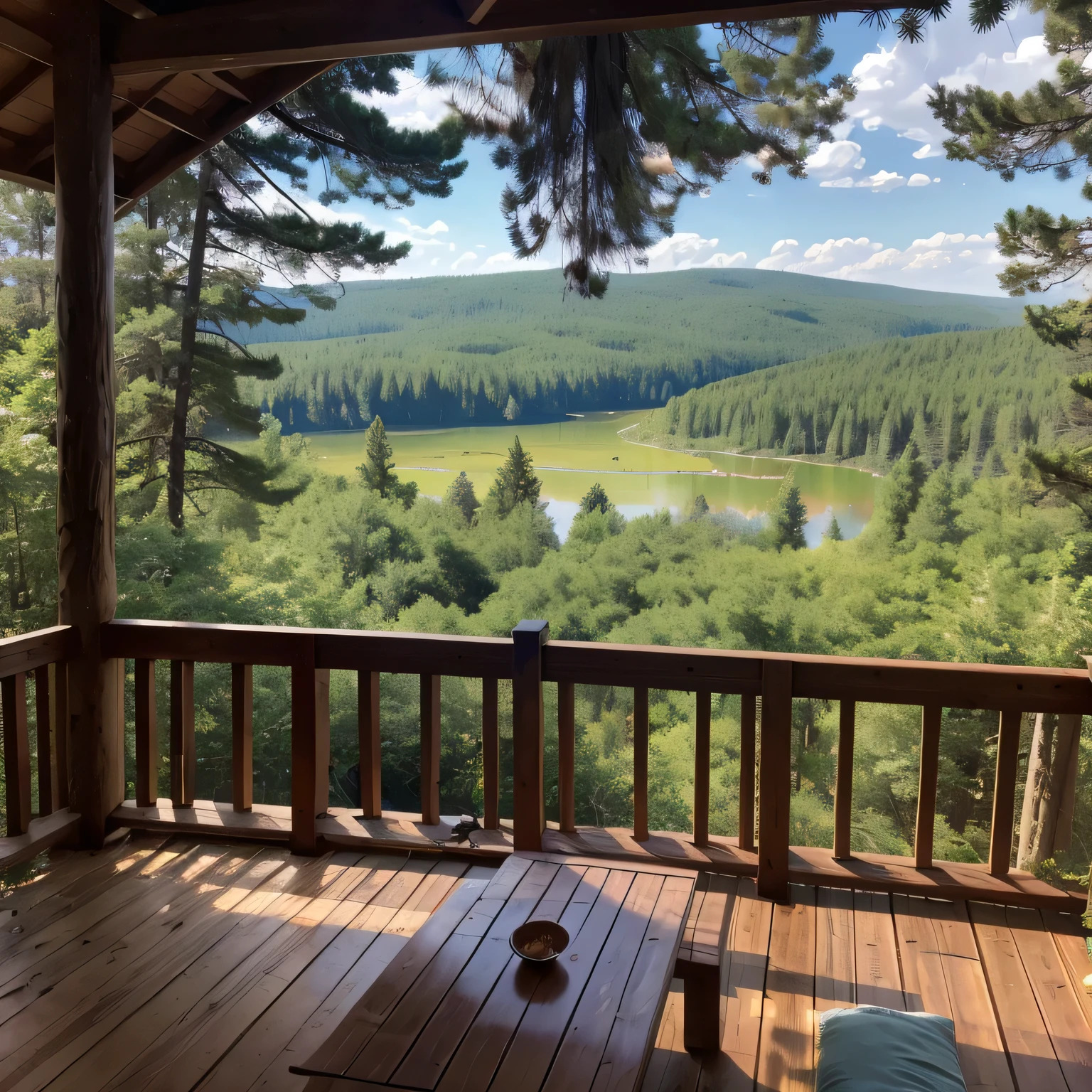 cozy veranda in the forest among pine trees overlooking the field and river, Russian nature, солнечный day, summer, day, injure, first-person view