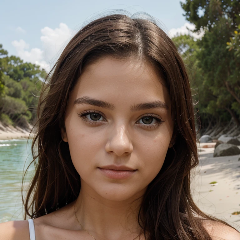 Photo d'une femme brune de 20 ans, qui a un visage naturel, Lèvres fines, yeux fins, sourcils fins, nez fin, long cils. Elle fait un selfie sur la plage