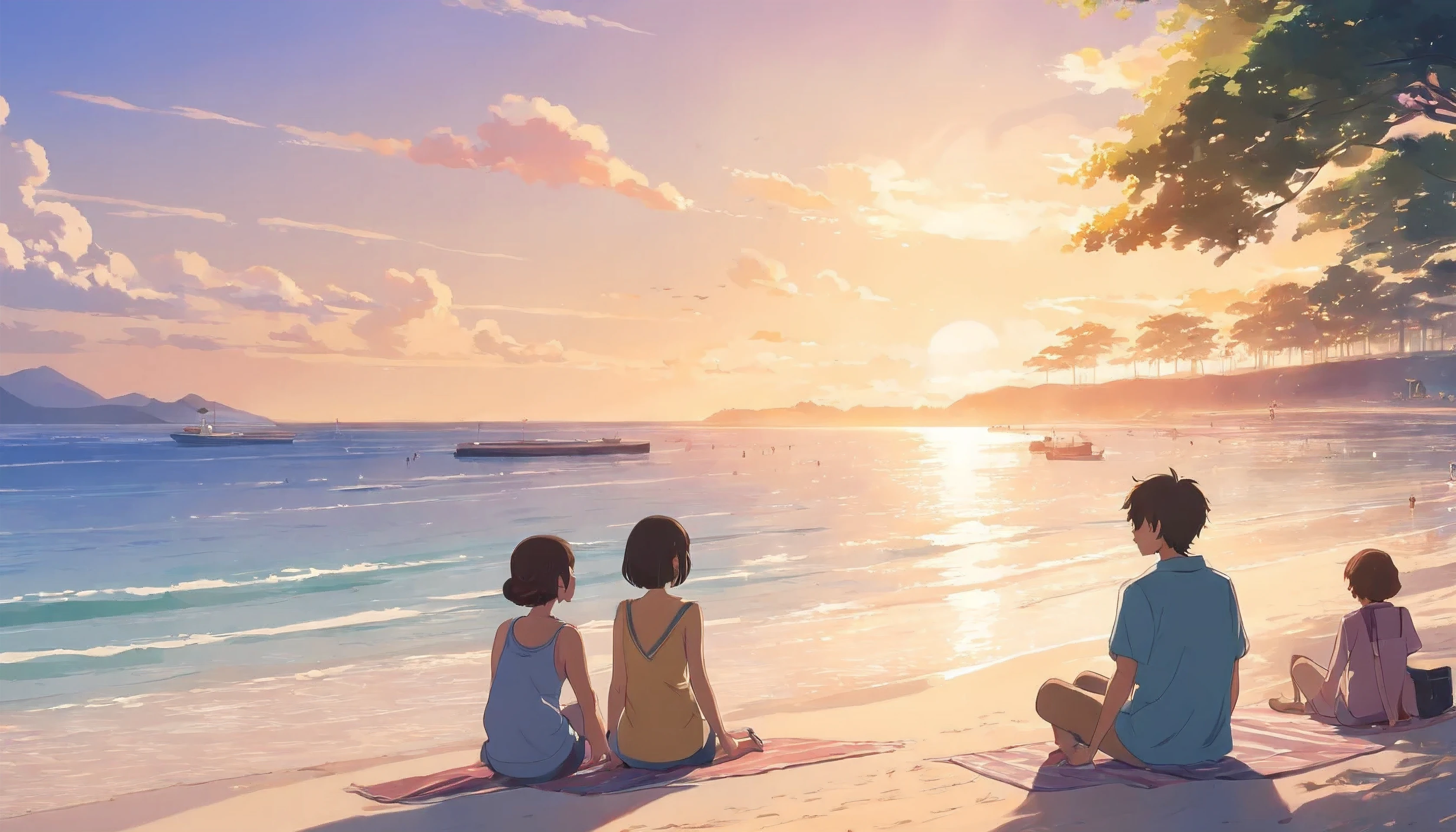 Best quality, High_Resolution, distinct_image, Detailed background ，people sitting at the beach