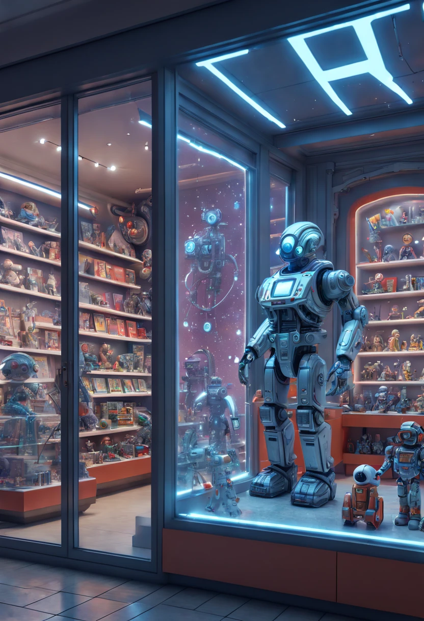 science fiction art, Toy Store, Window Display, octane render, enhance, intricate, (best quality, masterpiece, Representative work, official art, Professional, 8k wallpaper:1.3)
