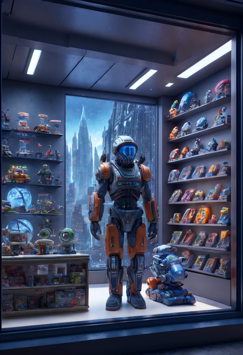 science fiction art, Toy Store, Window Display, octane render, enhance, intricate, (best quality, masterpiece, Representative work, official art, Professional, 8k wallpaper:1.3)