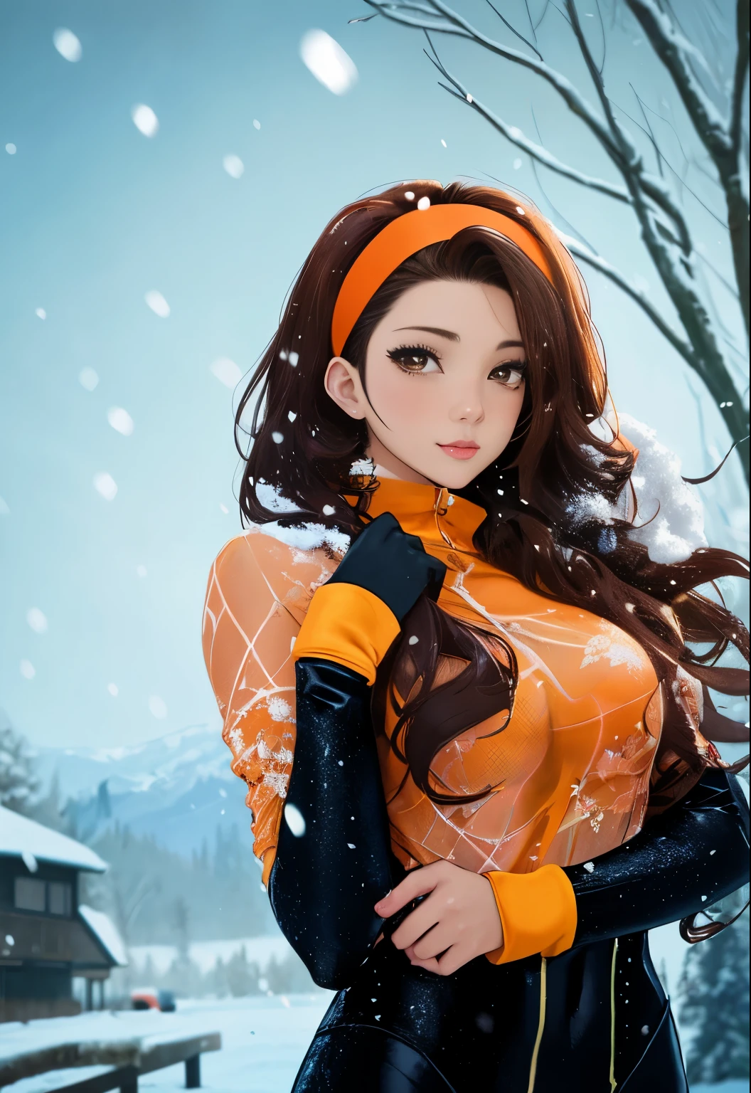 woman, with long dark curly hair, sexy look, glamorous pose, anime, hentai, manga, woman, cartoon, golden brown hair, best quality, standing in snowing field, manga, illustration, perfect body, YAMATO, Sexy_attire, sexbodysuit, SEE THROUGH, winter portrait, orange headband