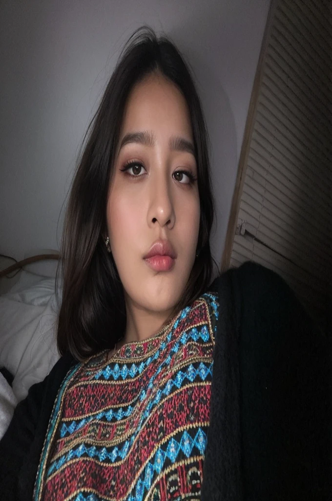 there a woman that laying down with a blanket, indian girl with brown skin, with professional makeup, selfie of a young woman, with accurate face, very very low quality picture, she facing the camera, mid shot portrait, headshot profile picture, assamese aesthetic, profile picture, face picture, with brown skin, blackpink Lisa, Blackpink Jennie