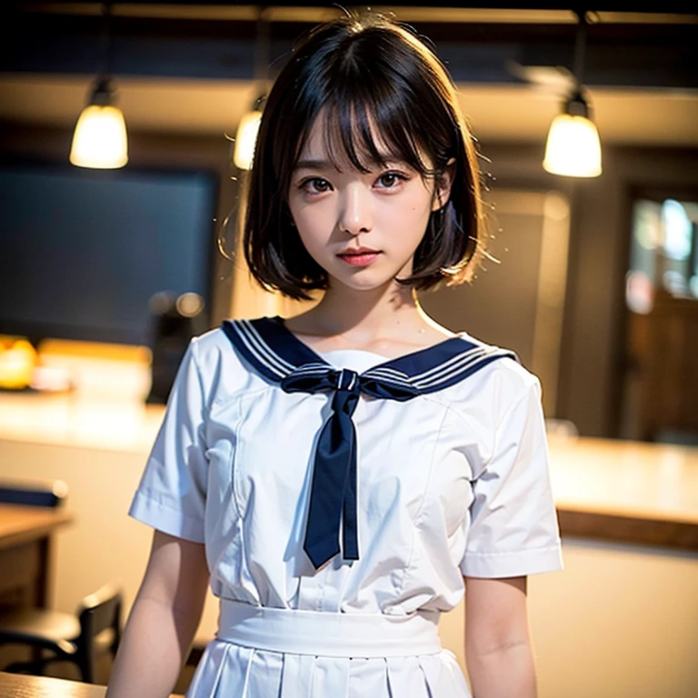 (table top, highest quality:1.2), 8K, Pull up the skirt with your hands、official art, RAW photo,Angle from directly below、pull up the skirt、beautiful skin、embarrassing、Taken from directly below、full board building 4、white panties、pretty girl、、skinny、14 years、incredibly ridiculous, (Upper body, sailor suit、uniform:1.4), beautiful girl, cute face, turn back,、black hair bob、short sleeve, violaces, , looking at the viewer, film grain, chromatic aberration, sharp focus, face light, dynamic lighting, cinematic lighting, Eye and face details, background bokeh,