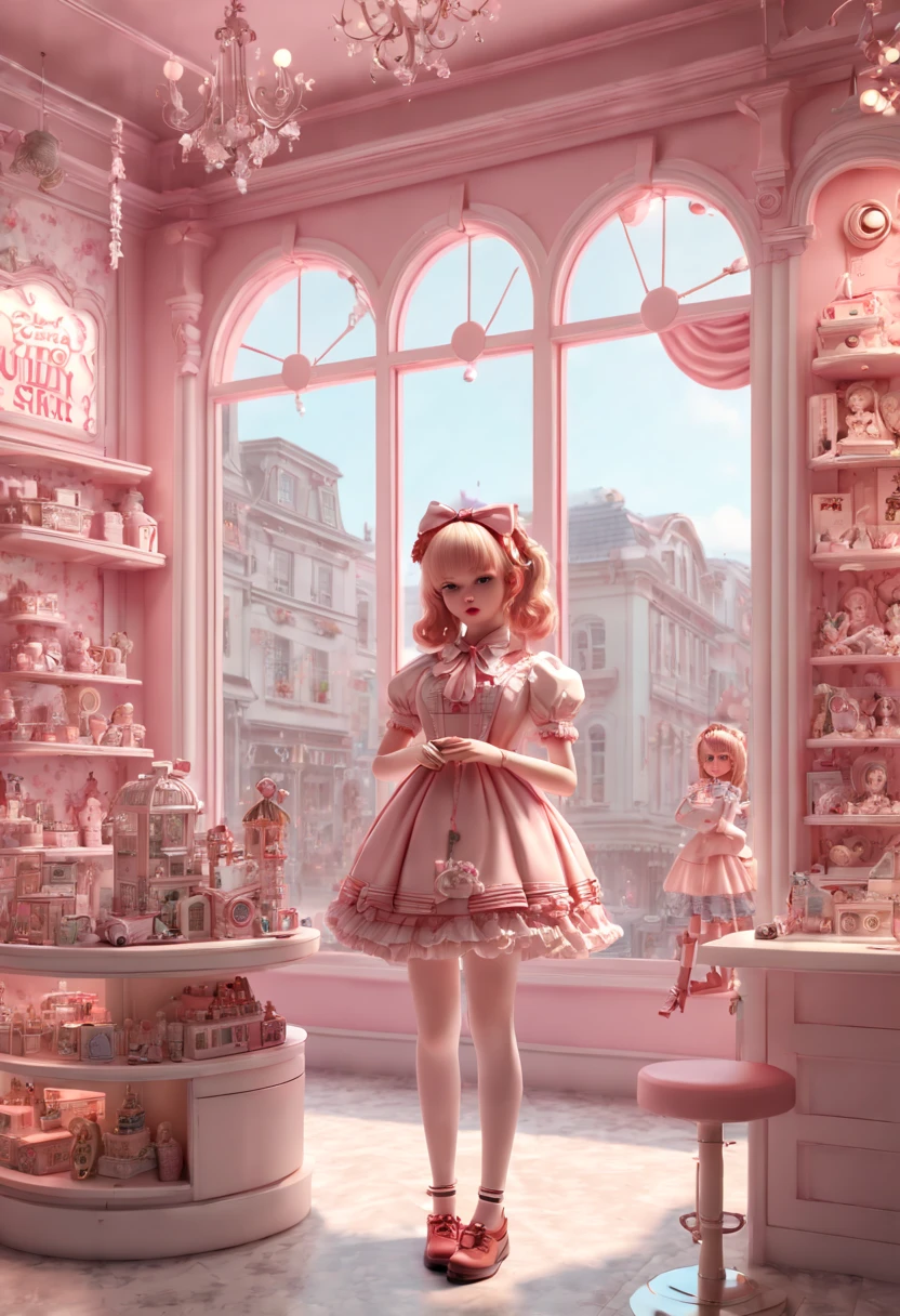 Lolita art, Toy Store, Window Display, octane render, enhance, intricate, (best quality, masterpiece, Representative work, official art, Professional, 8k wallpaper:1.3)