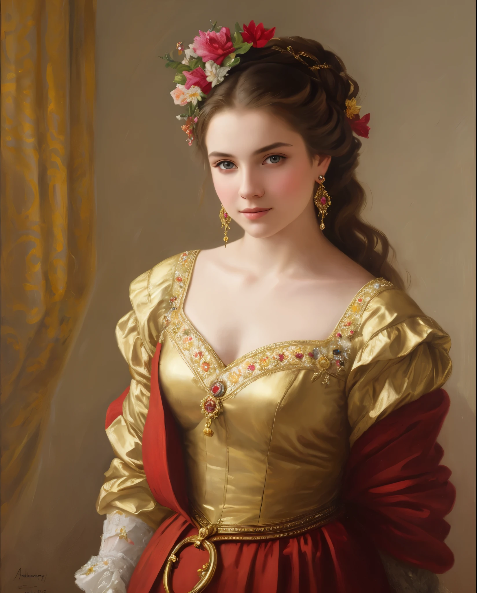 portrait, girl, middle ages, classicism, andrey atroshenko style, pierced eyes, painting, beautifully styled hair, traditional media, realistic, figurative, fine art, oil on canvas, HDR, 8K, original character, high resolution, high detail, focus on the face