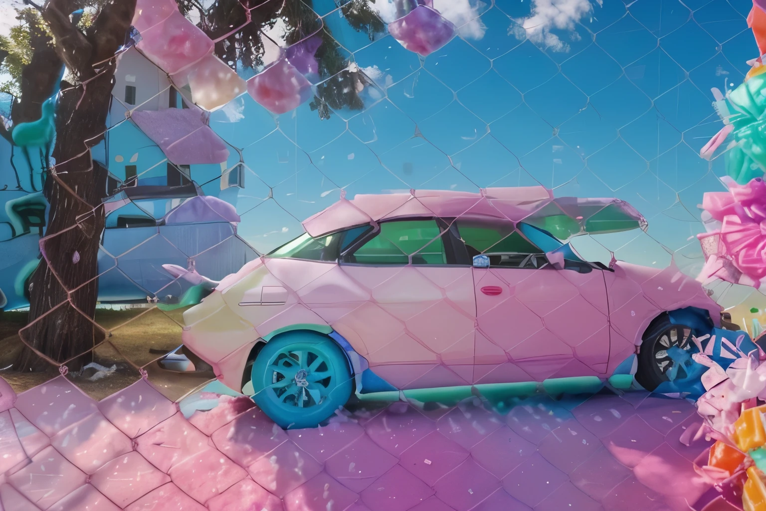 a colorful vehicle made of candies, cotton candy clouds on blue sky, lollpops trees