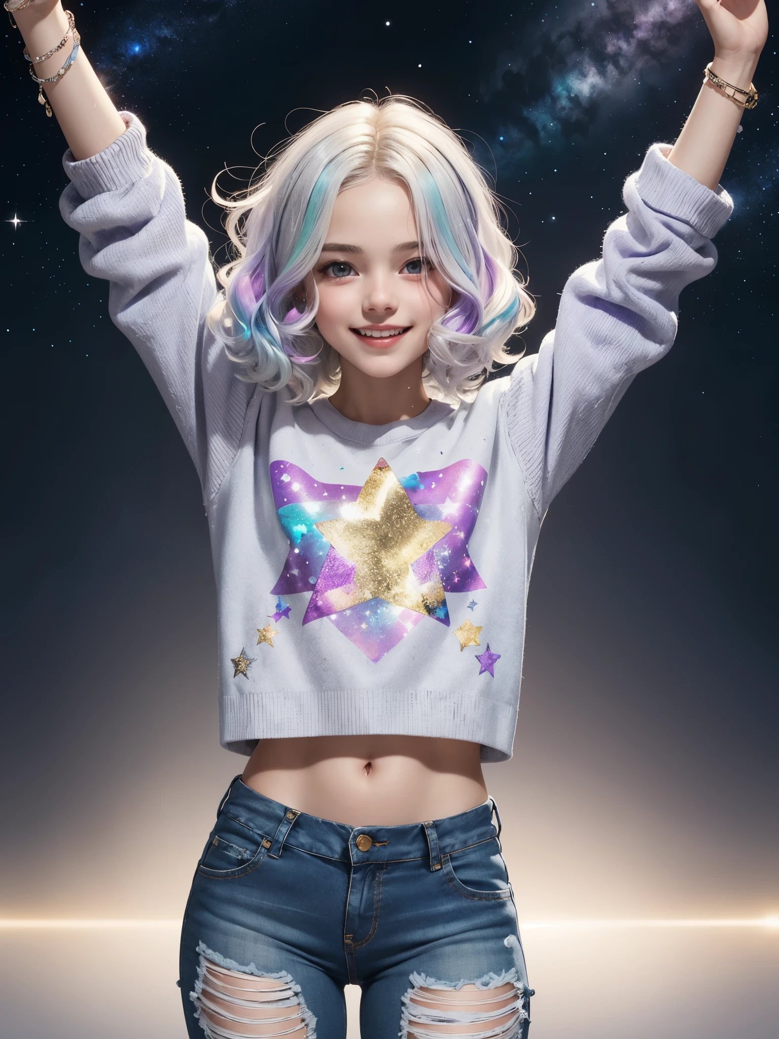 1girl, (13yo, cute:1.3), Light lavender oversized sweater, white ripped jeans, charm bracelet, celestial motif, white hair, mix pastels hair colors, half-up half-down hairstyle, loose curls, glittering star on hair, uplifting and bright stace, one hand reaching up, charismatic and optimistic expression, radiating positive energy,