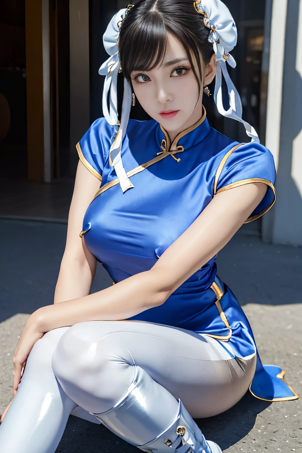 Live-action version of Chun-Li from Street Fighter,Raw photo,,(Blue china clothes、CCup Breast)、(2chan)、(Like a super realistic photo)、Portrait、perfect angle、(professional quality、High resolution)、perfect contrast、perfect lighting、perfect composition、perfect skin、perfect hands、perfect fingers、perfect breasts、perfect high speed perfect、A masterpiece of realistic facial features and hairstyles、white hair clip、ribbon)、(supermodel with long legs)、 ((Sexy blue and gold cheongsam、puffed short sleeves、White band、blue front droop、Sticky Wristband、thigh slit))、((blue front droop))、(cute日本の女の子、Face the front and look at the camera、Dark brown hair with wet and shiny)、Streets of China、restaurant、on the road、Light in Eye Ace Perfect、perfect body、perfect fingers、perfect arms、perfect hands、face becomes smaller、double eyelid、Big eyes、Gold is better than beauty、Looks like a whole body、very long legged supermodel、age、cute、spotless、lip gloss、hair fluttering in the strong wind、Stand facing the front、embarrassing、((dynamic pose。))、((Slender and stretched thin pantyhose、shiny pantyhose、white long boots))、movie lighting、light shines on your face