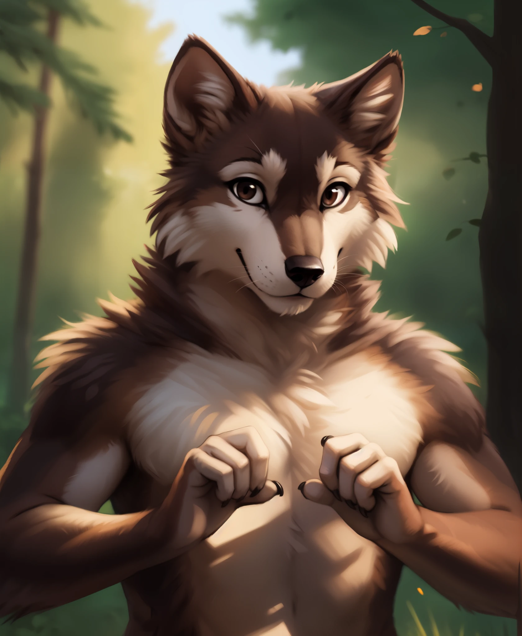 by kenket, by totesfleisch8, (by thebigslick, by silverfox5213:0.8), (by syuro:0.2),, brutus-twokinds, twokids, (best quality, masterpiece:1), solo, furry male anthro, dark brown eyes, light brown fur, dark brown fur, two tone brown body ,portrait, fingers, finger claws, looking at viewer, wolf tail, strong, (outdoors dark forest trees blurry blurred background:1.1),