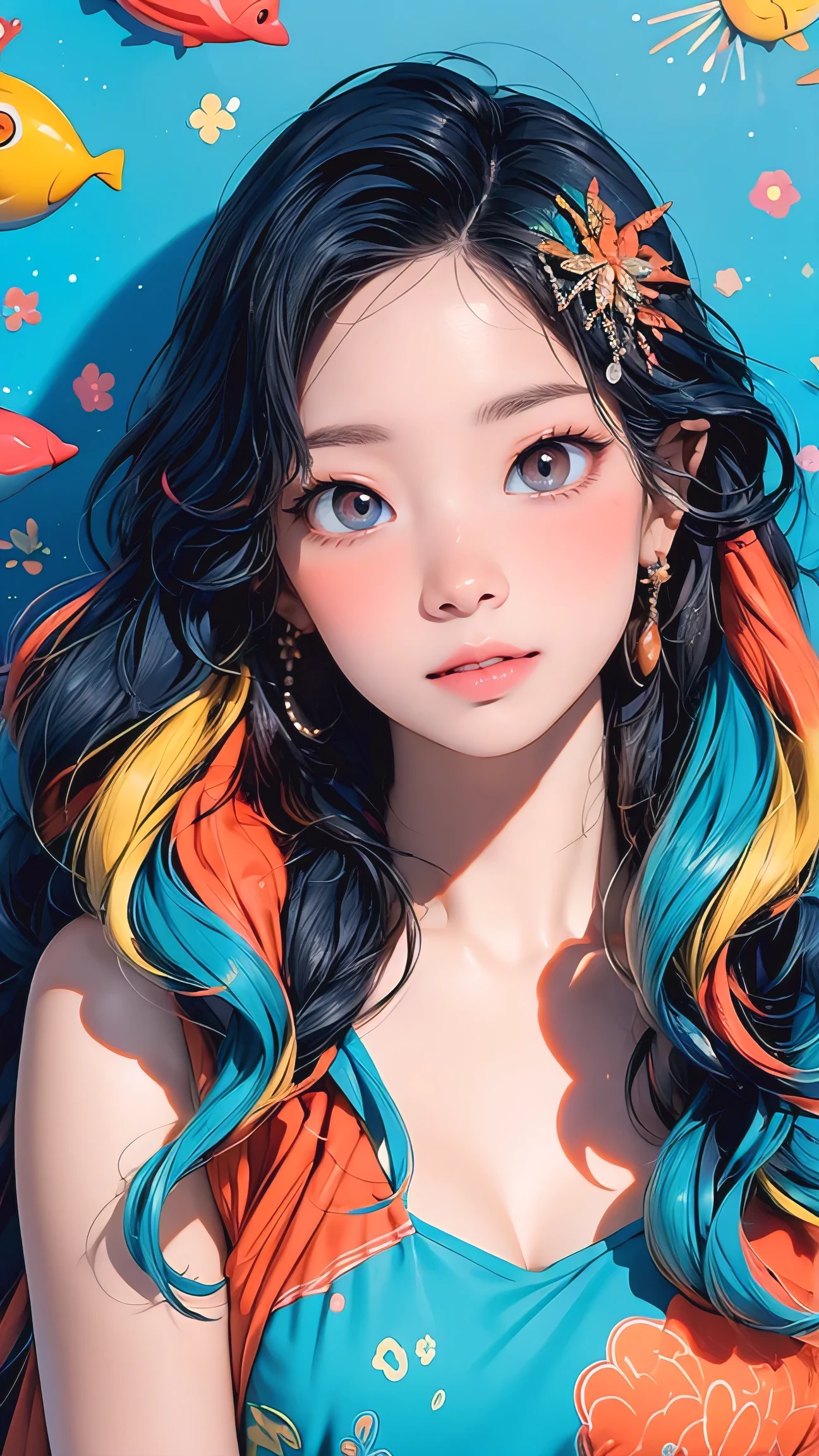 (masterpiece, best quality, photorealistic), woman, solo, perfect slim fit body, large breasts, wavy hair, hair ornaments, big gorgeous eyes, faint smile, parted lips, refract light from above, glowing light, vivid seaweed, colorful corals, looking afar, tropical fish, artistic, vibrant