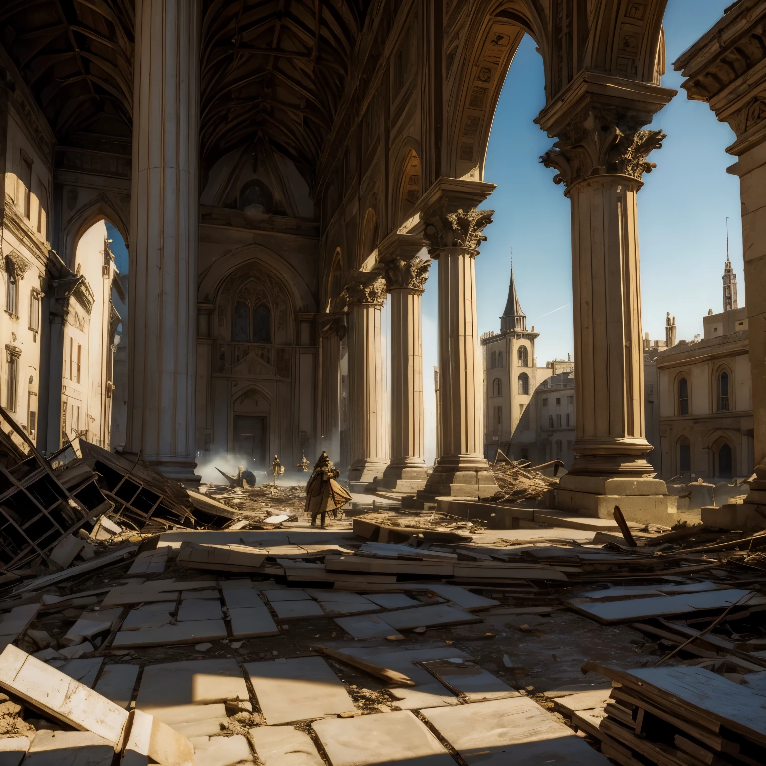 great war、myth、medieval european architecture、end of the kingdom、Destroyed palace、revolution、end of monarchy、army、inflammation、building destroyed、battle between aristocrats and soldiers、Crumbling buildings