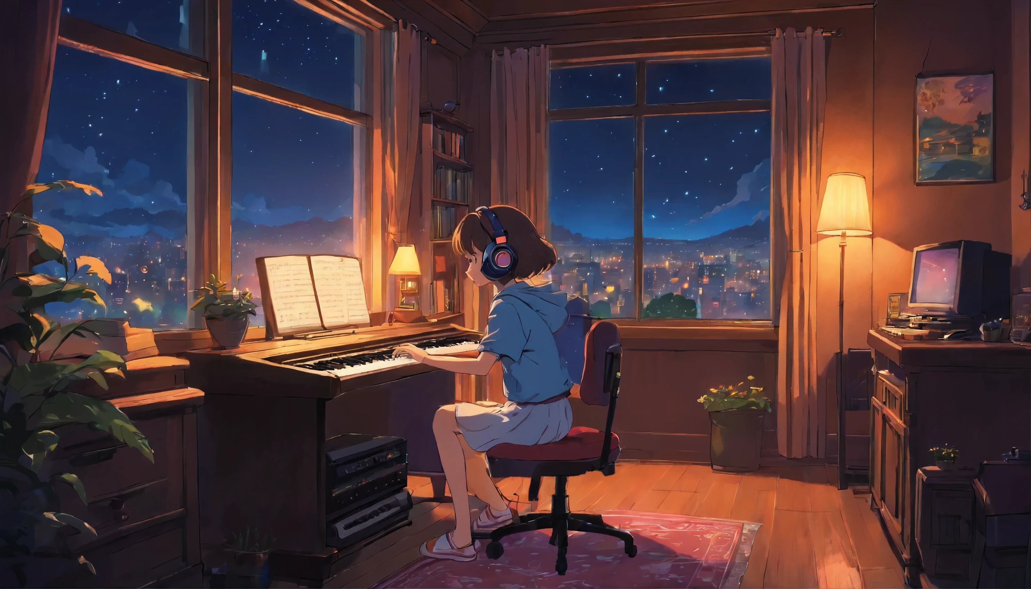 Girl playing music with midi keyboard in a cozy room at night, Use headphones, 2D style anime, lo fi, hard disk, Dark medium, night sky outside the window, cityscape outside the window, large window