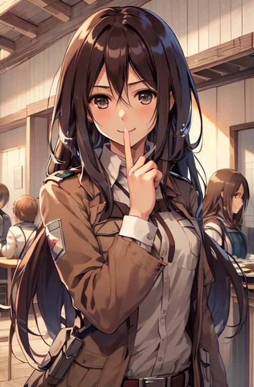 masterpiece, 最high quality, high quality, Attack on Titan、uniform、girl、long hair、brown hair、blue eyes、smile、cute、look at me、cheeks are red、looks fun、cute、laughing、Upper body、doing peace、
