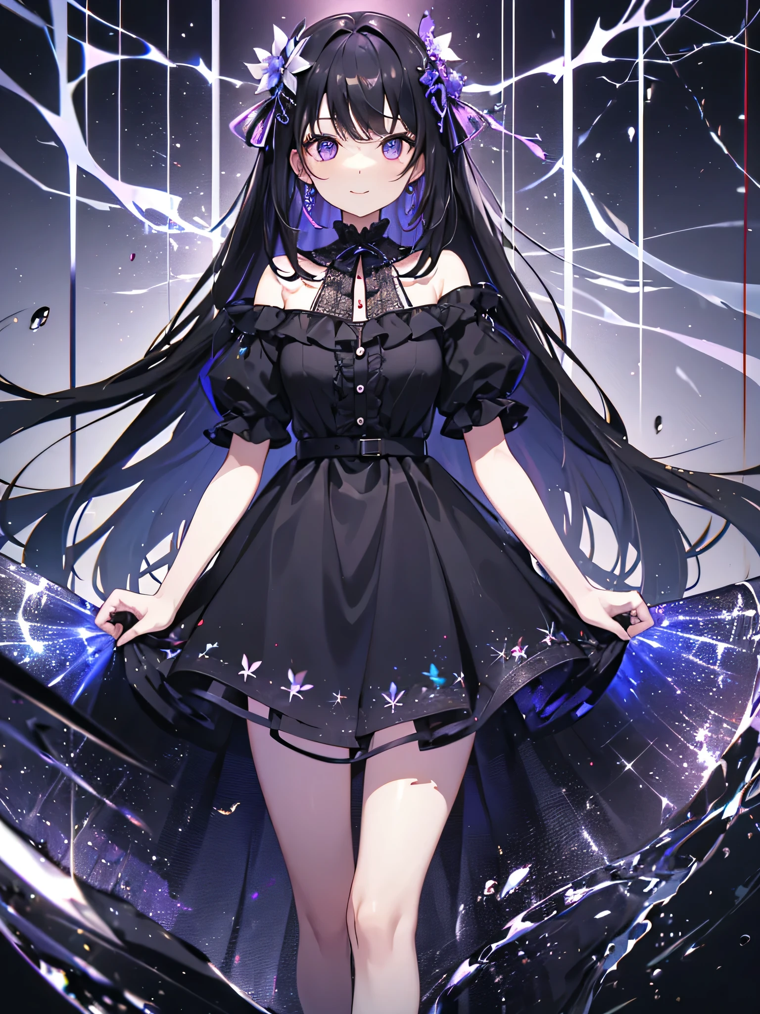 (debris flies, highest quality, ultra high resolution),1 girl,(black dress beautiful、detailed face, fine eyes,((gray and purple theme)),standing in front of a pure white wall、facing forward,smile、smile,cheeks are red,whole body,Beautiful eyes that everyone envy