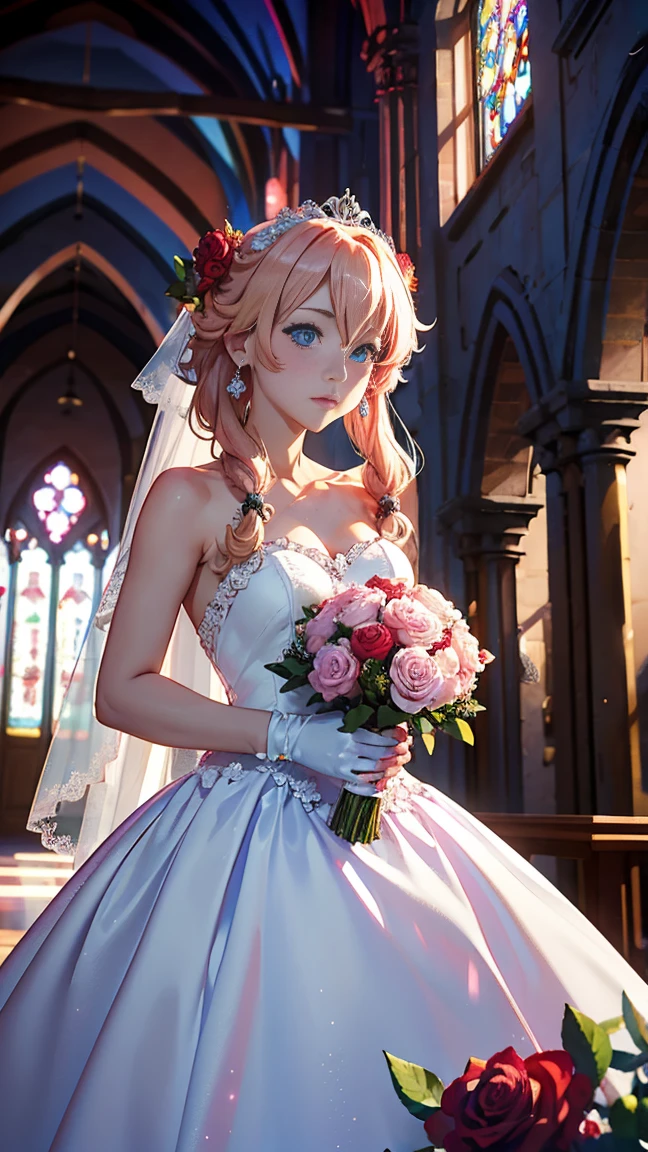 (best quality,4k,8k,highres,masterpiece:1.2),ultra-detailed,blurry, depth of field, blurry foreground, blurry background, rose, pink rose, flower, dress, jewelry, earrings, red rose, blonde hair, stained glass, wedding dress, blue eyes, bare shoulders, elbow gloves, pink dress, breasts, looking at viewer, hair over one eye, long hair, pink flower, red flower, church, gloves, motion blur, solo focus, bride, princess peach, bouquet, strapless, blush, white dress, indoors, photo \(medium\), 1girl, wedding, strapless dress, gem