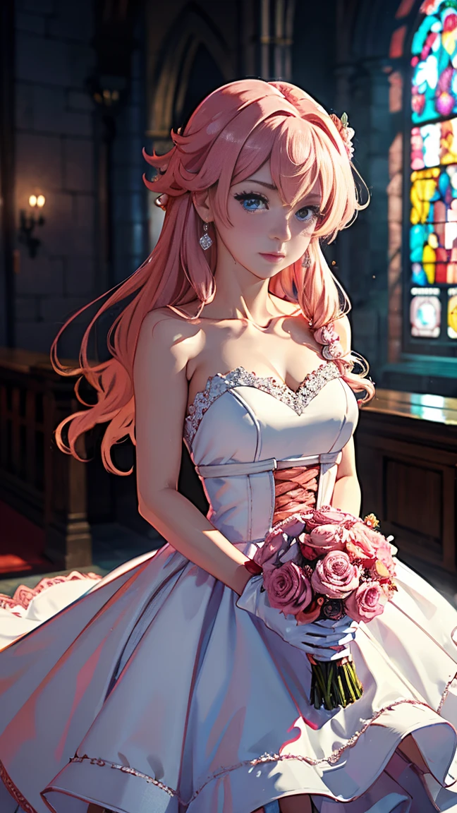 (best quality,4k,8k,highres,masterpiece:1.2),ultra-detailed,blurry, depth of field, blurry foreground, blurry background, rose, pink rose, flower, dress, jewelry, earrings, red rose, blonde hair, stained glass, wedding dress, blue eyes, bare shoulders, elbow gloves, pink dress, breasts, looking at viewer, hair over one eye, long hair, pink flower, red flower, church, gloves, motion blur, solo focus, bride, princess peach, bouquet, strapless, blush, white dress, indoors, photo \(medium\), 1girl, wedding, strapless dress, gem