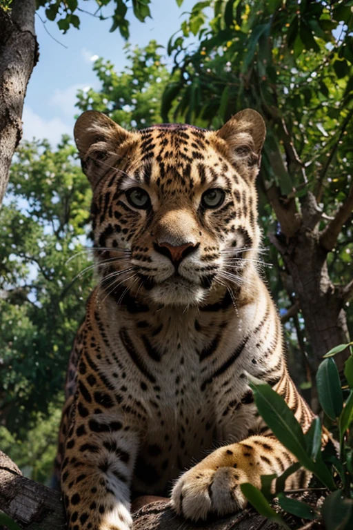(photorealistic, highest quality, HD, ultra-detailed), 8k, perfect for wallpapers (Portrait: 1,2), jaguar in the tree, in front of a (camera: 1,1)