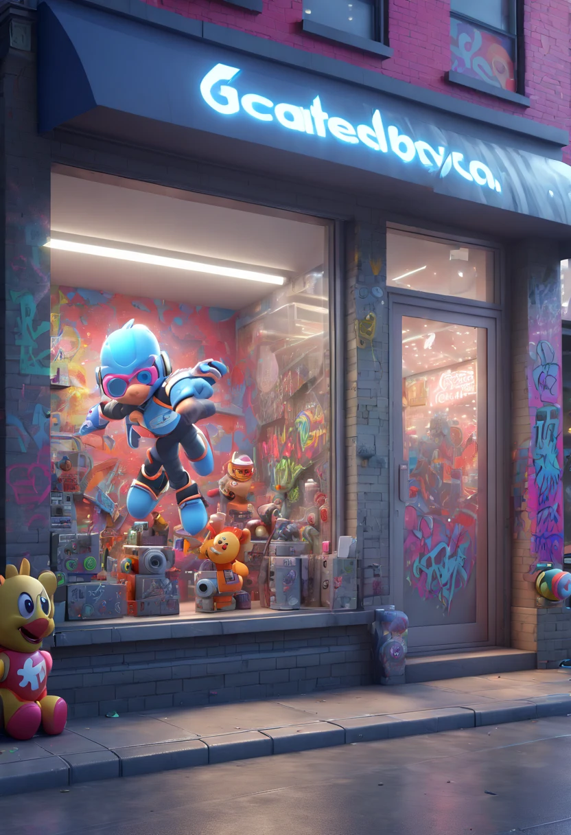 game style, Graffiti art, Toy Store, Window Display, octane render, enhance, intricate, (best quality, masterpiece, Representative work, official art, Professional, 8k wallpaper:1.3)