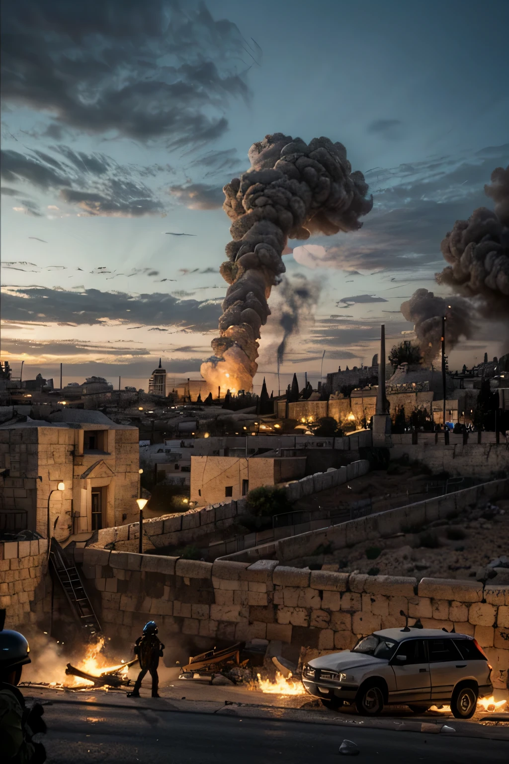 A panoramic view of the destruction of Sodom and Gomorrah, the scene is from above, people running away from the fire, showing the two cities in flames, the fire is high and intense, and the smoke rises to the sky, people run through the streets, trying to escape the fire, the clamor is loud and desperate, the sun is red and the sky is dark, the scene is apocalyptic and frightening. This scene represents the story of Sodom and Gomorrah from the Bible