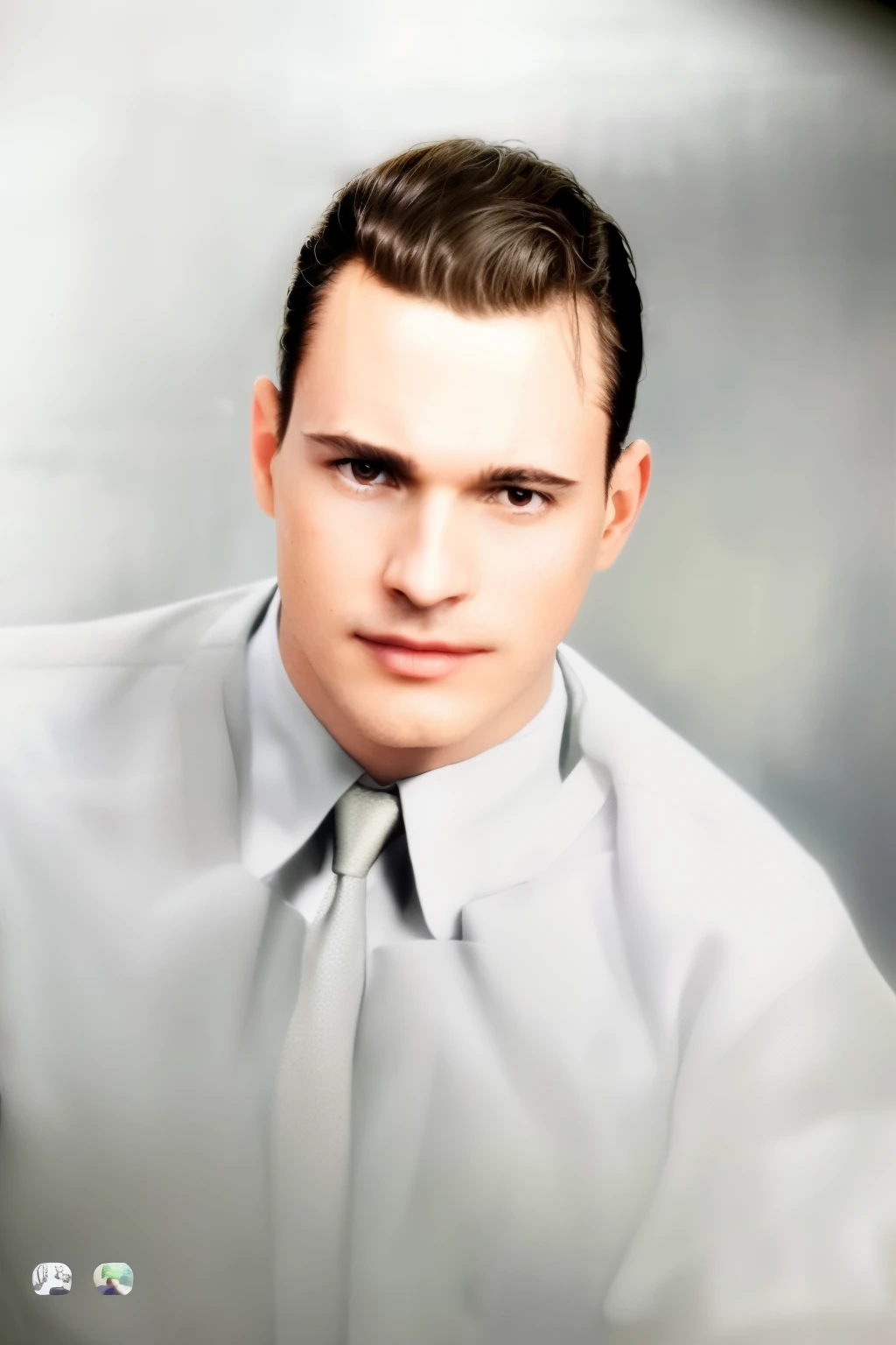 there  a man in a shirt and tie posing for a picture, a colorized photo,wearing white shirt and brown  tie award winning colorized photo, colorized photo, colorized, colorized background, colorized photograph, color studio portrait, colorized photon, colourized, world war 2 portrait photo, , earl moran, color portrait, catalog photo, photo in color, young jim cavieze,Professional Photography, High Resolution, High Detail, High Fidelity, Detailed hair, Detailed hair strands, Detailed skin, Detailed skin texture, Detailed pores, Detailed fabric texture, Detailed clothing, Detailed fabric texture, Detailed fabric wrinkles, Sharp focus, Detailed shirt, Detailed clothing