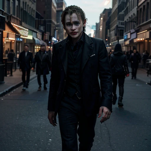 the joker Heath Ledger walking through streets of new york, stunning photo, dark moody aesthetic, at night, city lights in background. surreal, 8k