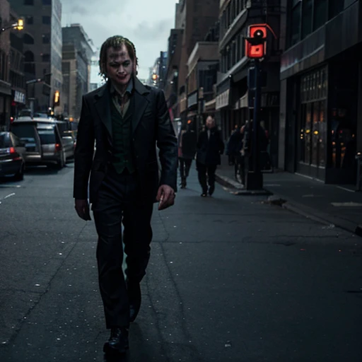 the joker Heath Ledger walking through streets of new york, stunning photo, dark moody aesthetic, at night, city lights in background. surreal, 8k