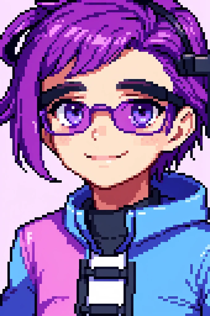 Image of a smiling boy facing front, wearing VR googles, welcoming vibe, a lot of purple, pink and blue colors