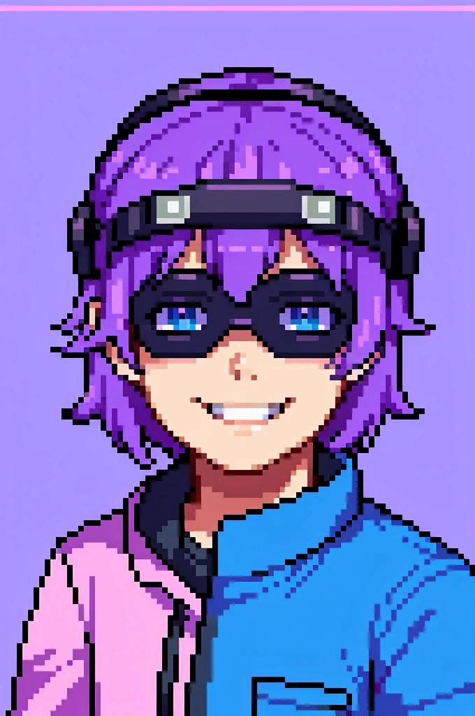 Image of a smiling boy facing front, wearing VR googles, welcoming vibe, a lot of purple, pink and blue colors