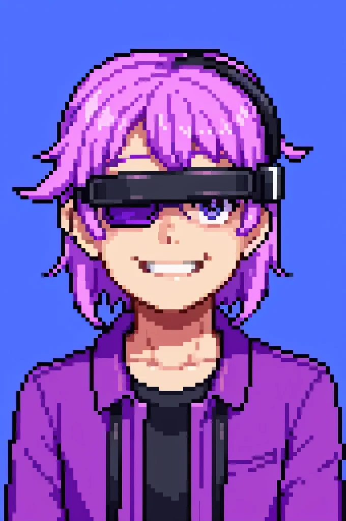 Image of a smiling boy facing front, wearing VR googles, welcoming vibe, a lot of purple, pink and blue colors