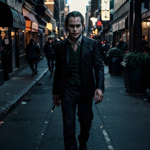 the joker Heath Ledger walking through streets of new york, stunning photo, dark moody aesthetic, at night, city lights in background. surreal, 8k
