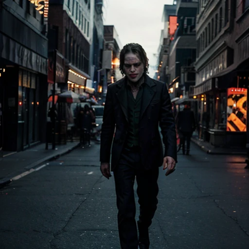 the joker Heath Ledger walking through streets of new york, stunning photo, dark moody aesthetic, at night, city lights in background. surreal, 8k