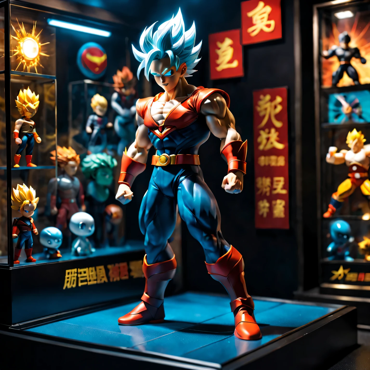 (game character:super saiyan toy),详细的Toy display,(best quality,high-rise),(bright colors恰到好处的照明),(3d rendering),(super detailed),(lifelike),(studio lighting),(Colorful background),(comic style),Toy display,action figures,Intense posture,Dramatic effect,印象的な詳細,aura of power,Energy bursts,Dynamic movement,Iconic pose,attention to facial expressions、collect、(anime style)、(strong focight colors)、(Glass display case)、(highly detailed toy)、(striking)、(Exhibition hall)、(heroic gesture)、(Colorful light)、(cartoon general)、(display window)、(Attract attention)、(Stylish design)、(Impressive artistry)、(Pay attention to packaging details)、(Pay attention to the definition of muscles),(Display multiple characters)、(Superhero theme)、(detailed facial features)、(The action rich)、(explosive energy effects)、(clever arrangement)、(Meticulous craftsmanship)、(Impressive visual impact)、(striking的视觉吸引力)、(high quality finish)、(dazzling protuberance)、(striking的布局)、(There a huge variety)。