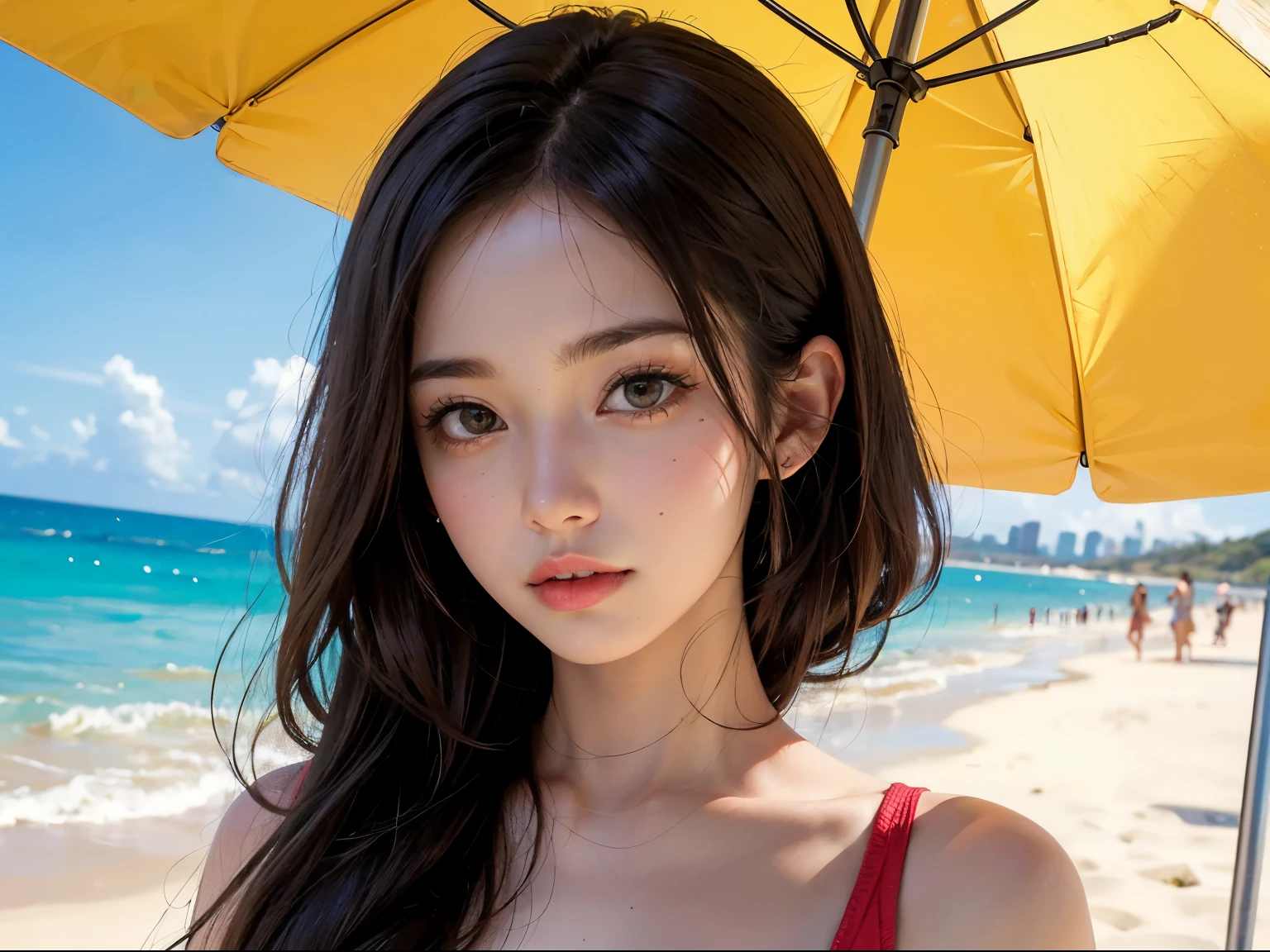 ((melhor qualidade)), ((obra de arte)), (detalhado), rosto perfeito , na praia, de biquini rosa, menina russa, cabelo amarelo, olhos azuis claros