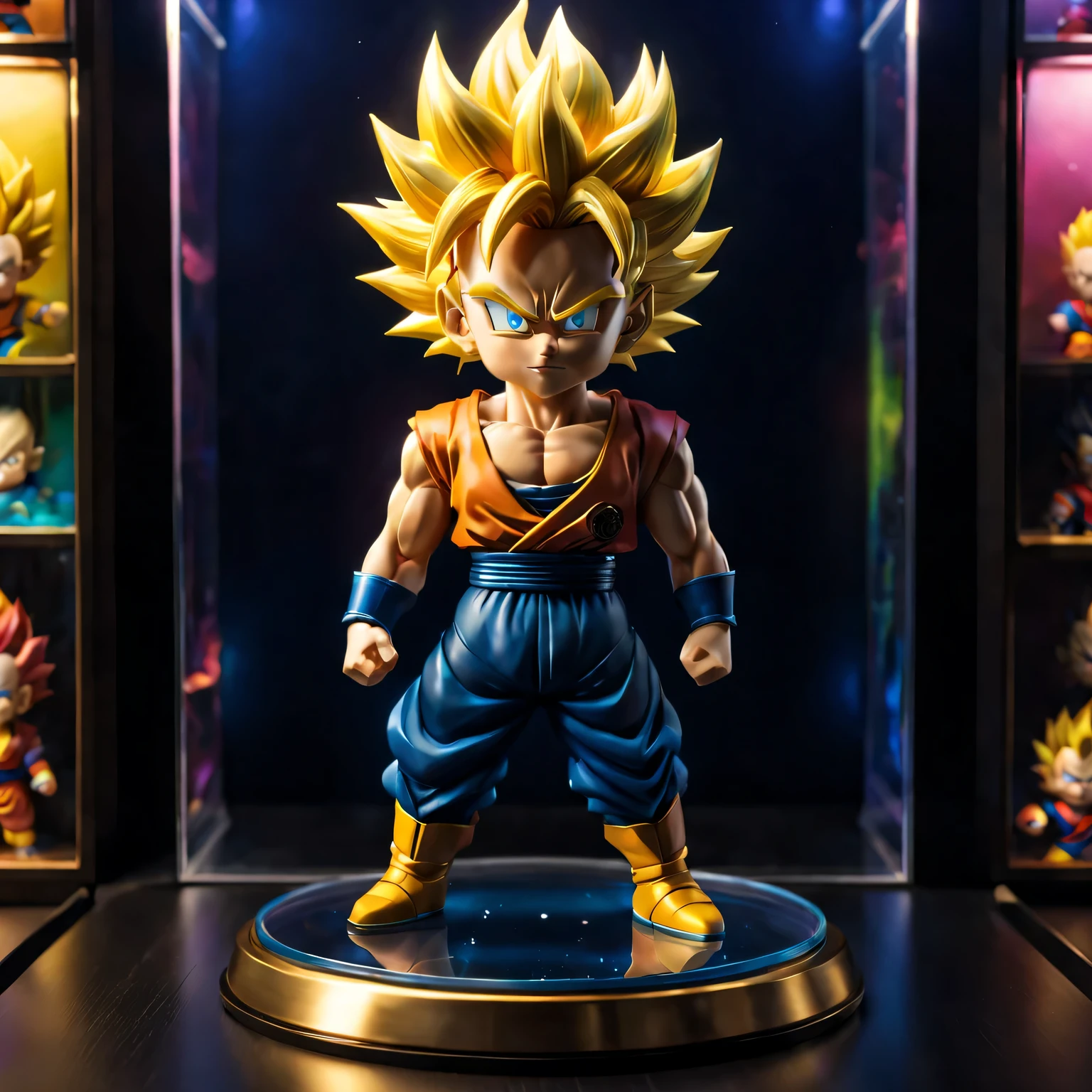 （game character：super saiyan toy），Detailed toy display，（detailed facial features）、（Glass display case）、（best quality），(Bright colors and just the right lighting），（3d rendering），（super detailed），（lifelike），（studio lighting），（Colorful background），